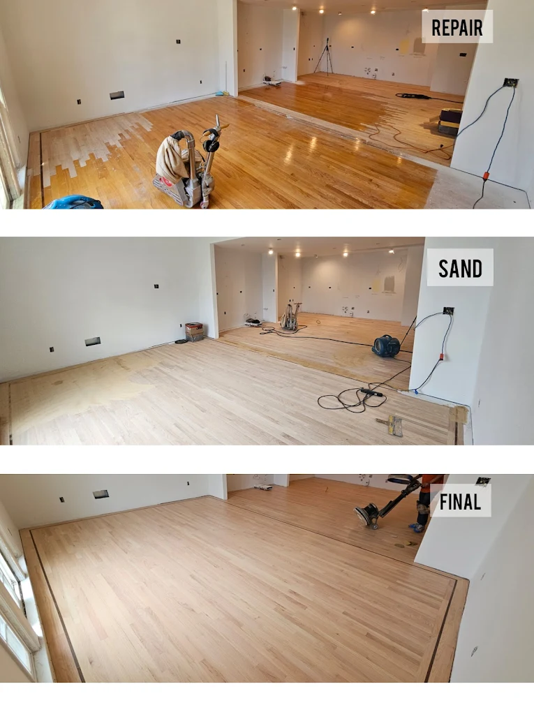 Before and after hardwood floor restoration with dark stain, SF Bay Area home