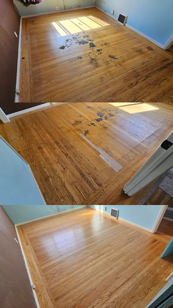 Before and after hardwood floor sanding and refinishing, Marin County residence