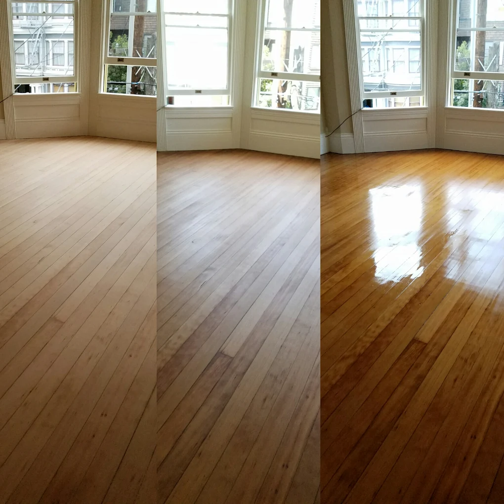 Before and after maple hardwood floor refinishing and recoating, Oakland home