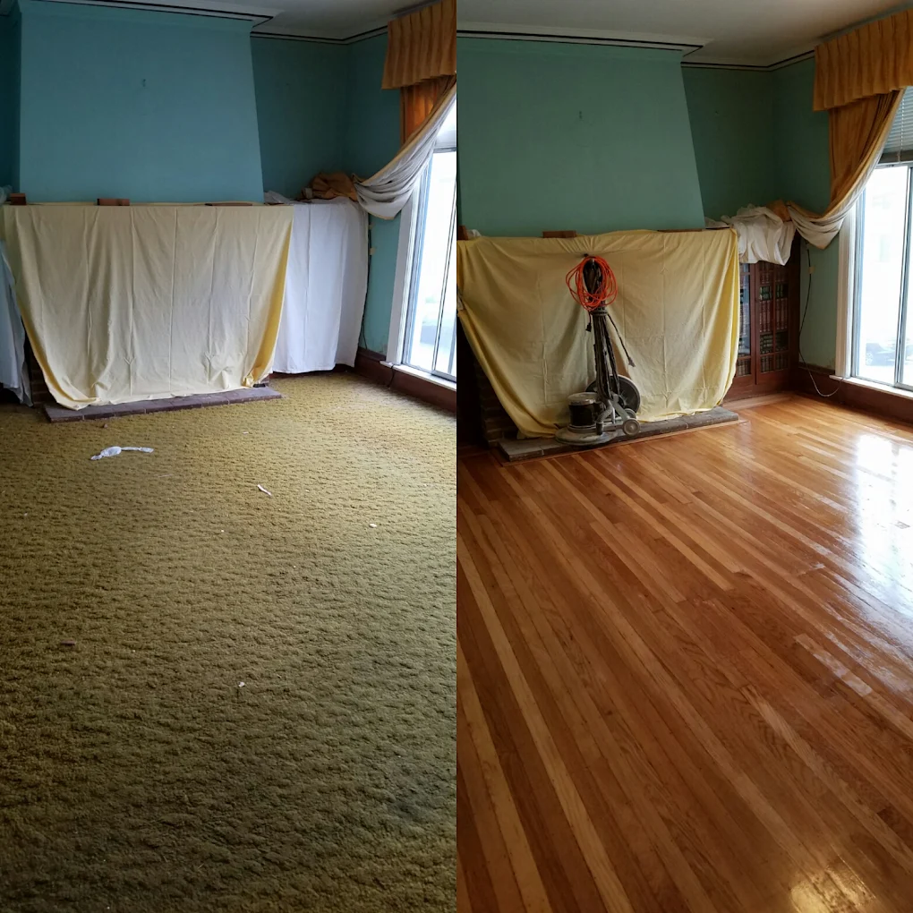 Before and after worn hardwood floor refinishing restoration, San Francisco